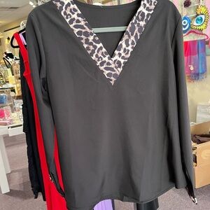 Black V-Neck Long Sleeve Top with Leopard Trim